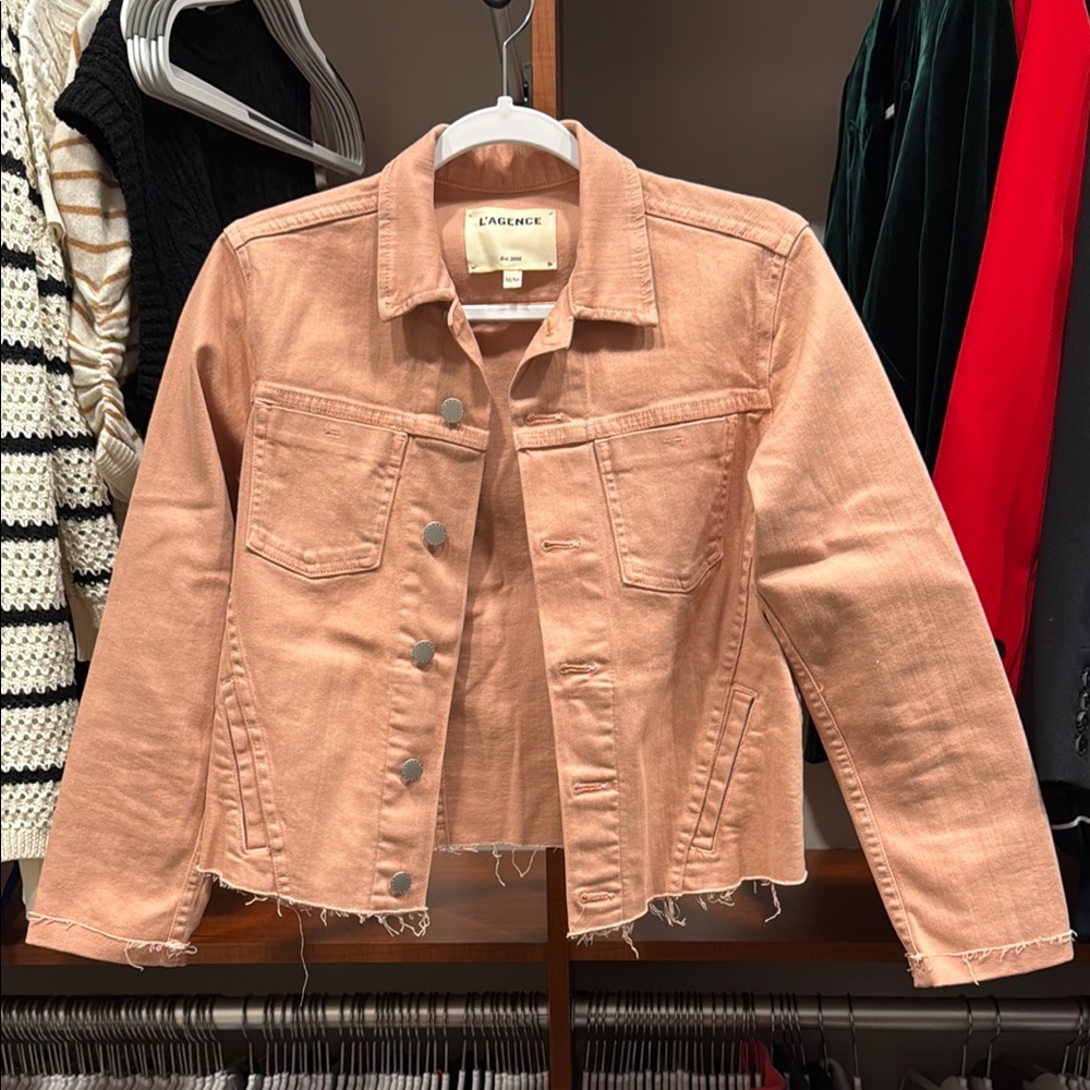L'AGENCE Janelle Slim Raw Denim Jacket in Laredo Dusty Pink Size M